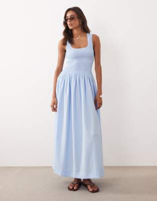 Vestido largo azul escarcha con cuello ancho y cintura fruncida de tejido rugoso de ASOS DESIGN , 1 de 4