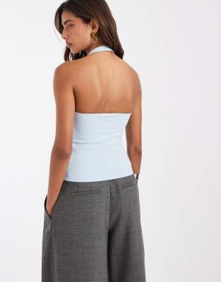Top azul claro minimalista con cuello halter de tejido doble de ASOS DESIGN, 4 de 4